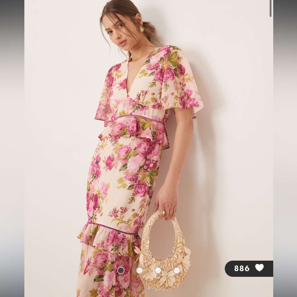 Hope & Ivy midi tea dress with peplum waist in pink print
